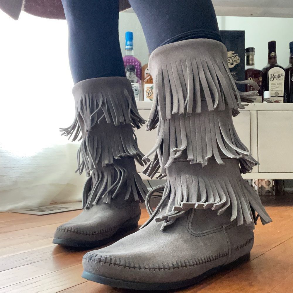 Minnetonka Tall Calf Fringe Gray Booties Moccasins